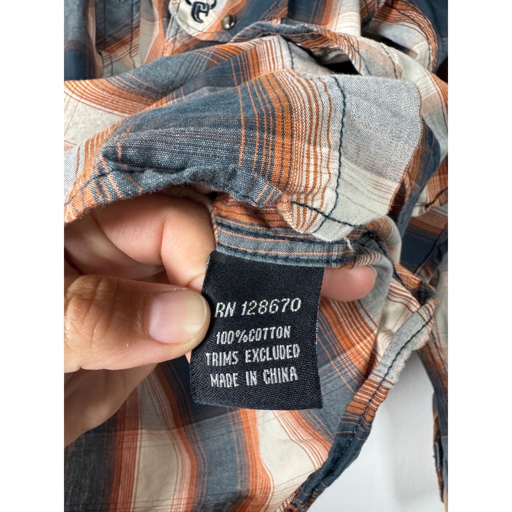 Western Cowboy Hardware Kids Med Shirt Orange Blue Plaid Bull Skull Snap Front - Picture 8 of 10